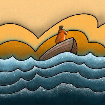 Drawing of man in a boat on the sea
